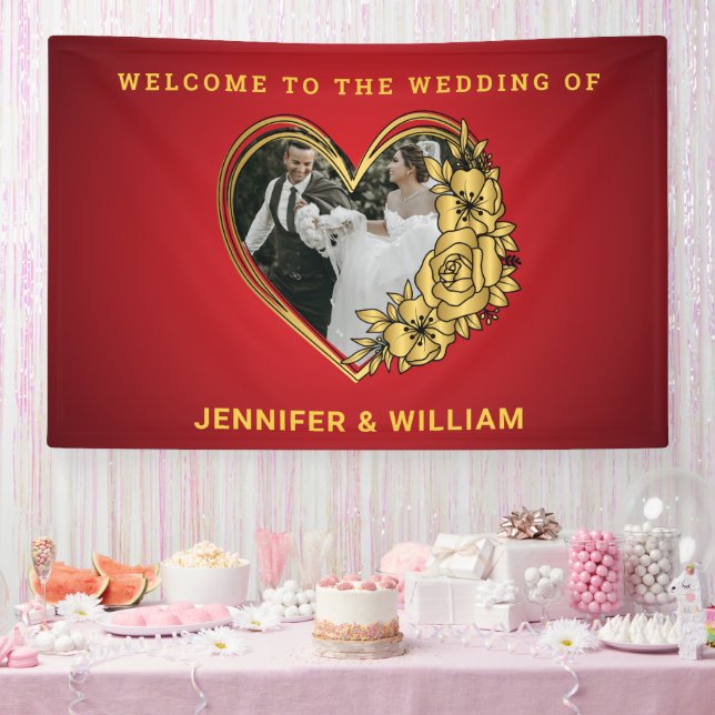 Rot-Gold-Hochzeitstil-Foto in Herzform Banner (Party)