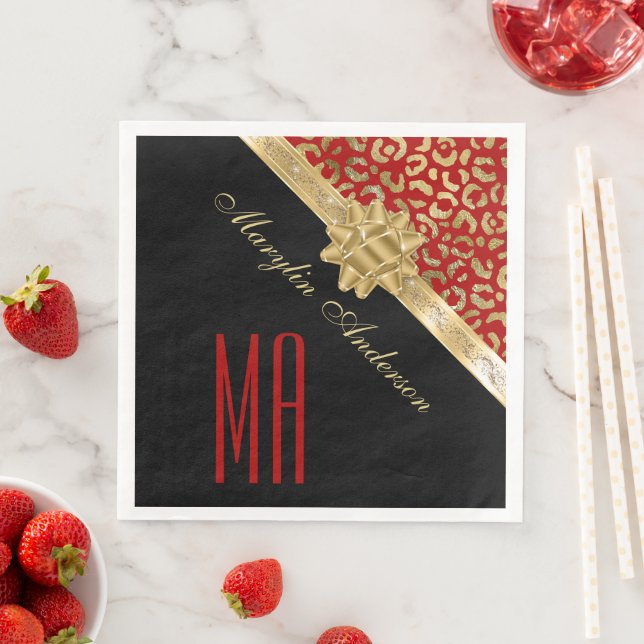 ROT & GOLD LEOPARD CHRISTMAS GIFT CUSTOM MONOGRAMM SERVIETTE (Beispiel)