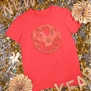 Rot Gold Lunar Neujahr Hahn Chinesisches Zodiakus T-Shirt