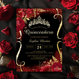 Rot Gold Schwarz Florales Rankenmuster Quinceanera Folieneinladung