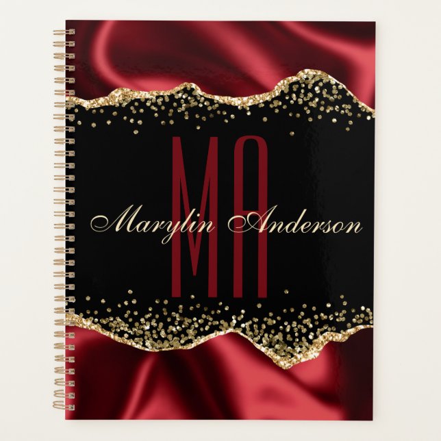 ROT & GOLD SHIMMER SATIN BORDERS CUSTOM MONOGRAM PLANER (Vorderseite)