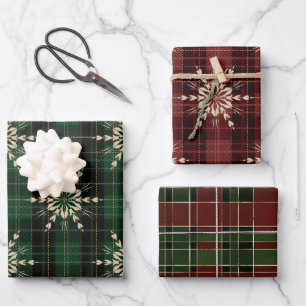 Rot, Gold und Grün Winter Weihnachten Karomuster Geschenkpapier Set