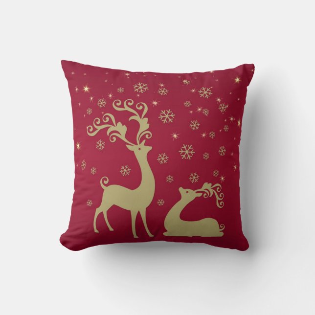 Rot, Gold und grünes Weihnachtsren Kissen (Vorderseite)