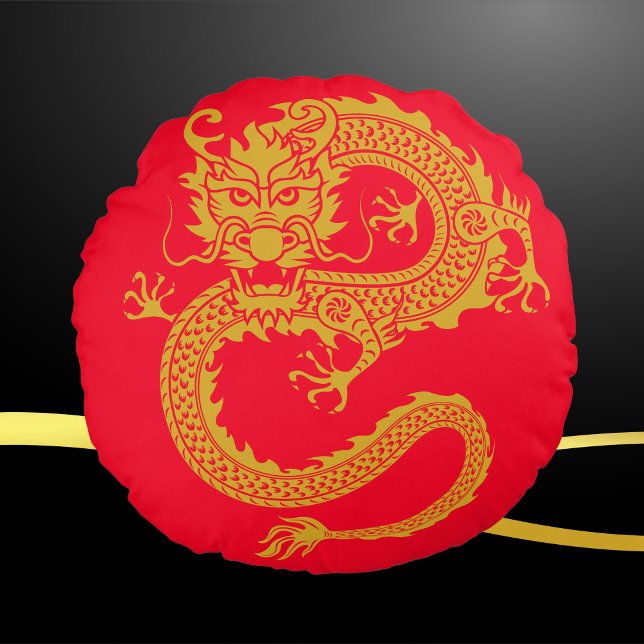 Rot, Gold und Schwarz, chinesischer Drache Zodiac  Rundes Kissen (Von Creator hochgeladen)