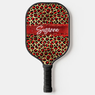 Rot Gold und schwarze Folie Leopard Pinselstriche Pickleball Schläger