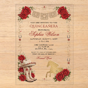 Rot Gold Western Pferd Floral Charra Quinceañera Acryleinladungen