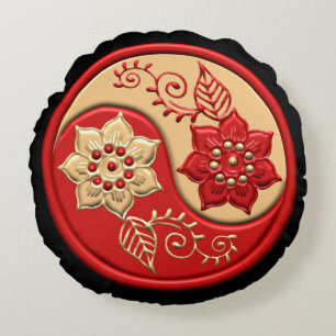 Rot-goldene florale Yin-Yang-Darstellung Rundes Kissen
