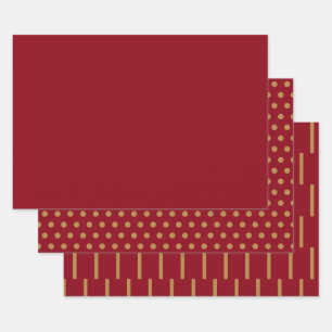 Rot-goldene Polka-Punkte-Streifen einfarbig Geschenkpapier Set