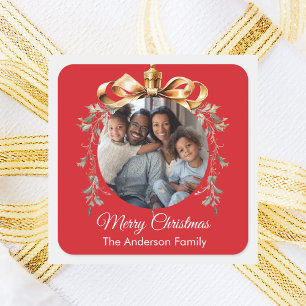 Rot-goldene Weihnachtskugel Familienfoto Quadratischer Aufkleber