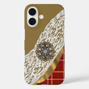 Rot-goldener Tartan-Karo und Spitze iPhone 16 Hülle