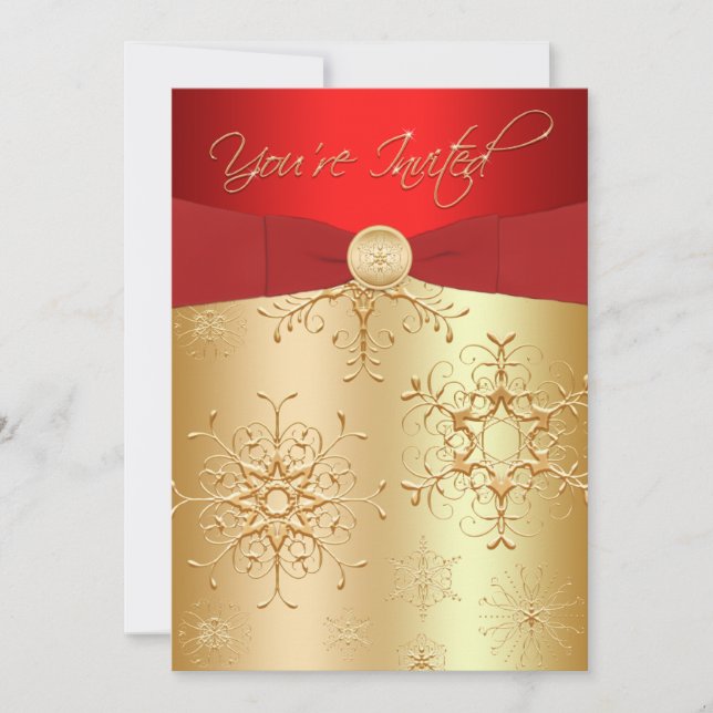 Rot, Goldschneeflocken Weihnachten Party Einladung (Vorderseite)