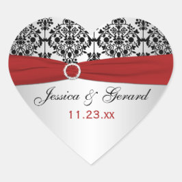 Rot, Grau und Schwarz Damask Hochzeitsticker Herz-Aufkleber