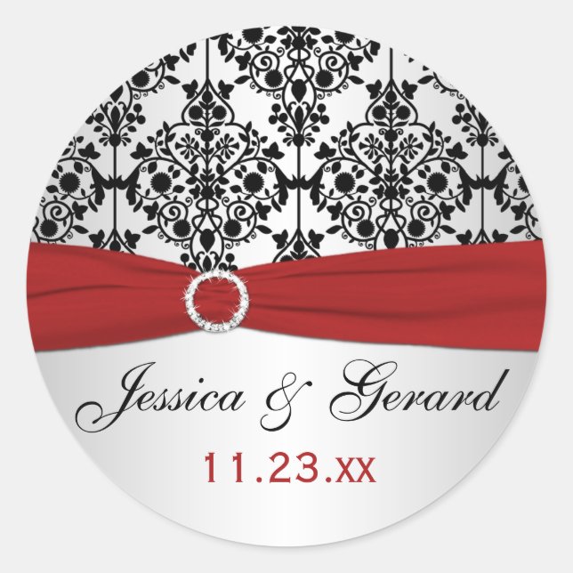 Rot, Grau und Schwarz Damask Hochzeitsticker Runder Aufkleber (Vorderseite)