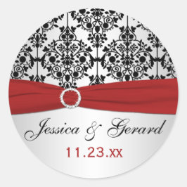 Rot, Grau und Schwarz Damask Hochzeitsticker Runder Aufkleber