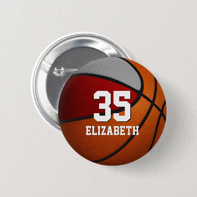 Rot graue Mannschaftsfarben Basketball Mädchenname Button (Vorne & Hinten)