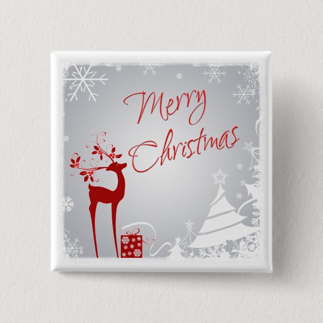 Rot, graues Weihnachtsrüber, Bäume, Schneekopf Button (Vorderseite)