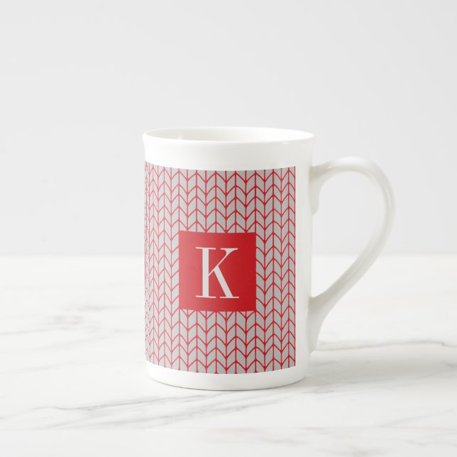 ROT GRAY STRICK Knochen China Tasse + Initial II (Rechts)