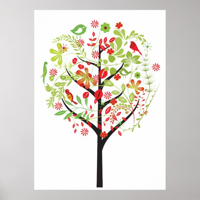 Rot-Grün-Baum und niedliche Vogelposter Poster (Vorne)