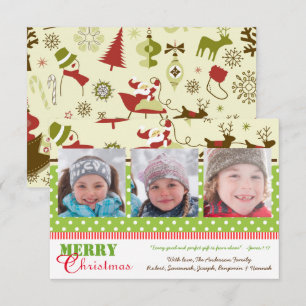 Rot, Grün, Braun Retro 3 Fotos-3x5 Weihnachtskarte Einladung