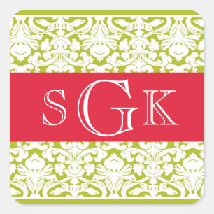 Rot grün Damaskus 3 initiale Monogramm-Gastgeschen Quadratischer Aufkleber