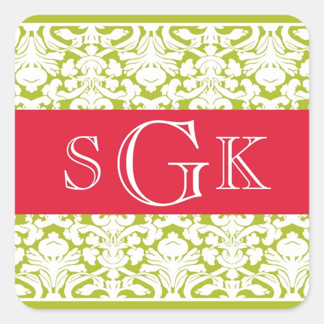 Rot grün Damaskus 3 initiale Monogramm-Gastgeschen Quadratischer Aufkleber (Vorderseite)