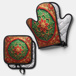 Rot Grün Dekorativ Ofenhandschuh & Topflappen-Set