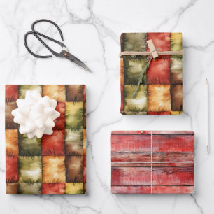 Rot Grün Gold Braun Quadrate Falsches Holz Geburts Geschenkpapier Set