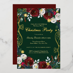 Rot Grün Gold Floral Wirbel Weihnachtsfeier Folieneinladung