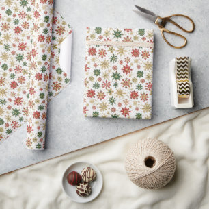 Rot, Grün & Gold Schneeflockenmuster Geschenkpapier