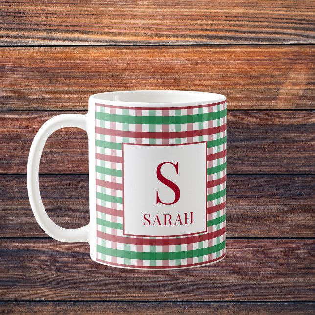 Rot & Grün kariert Monogramm Name Kaffeetasse (Red & Green Gingham Plaid Monogram Name Coffee Mug
)