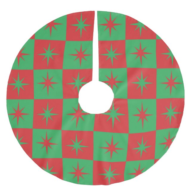 Rot grün karierte Retro Weihnachten Sternexplosion Polyester Weihnachtsbaumdecke (Vorderseite)