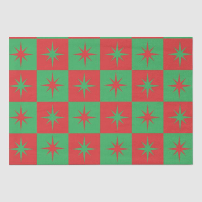 Rot grün karierte Retro Weihnachten Sternexplosion Seidenpapier (Vorderseite)