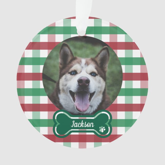 Rot-grün kariertes Hunde-Foto mit Knochenanhänger Ornament (Vorderseite)