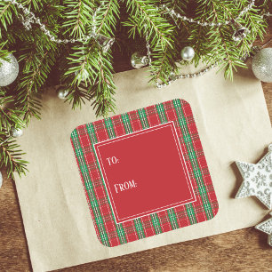 Rot-grün kariertes Weihnachts-To und Von Quadratischer Aufkleber