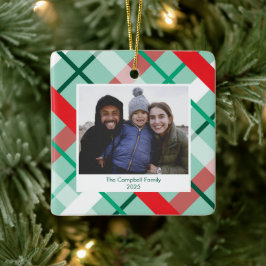 Rot Grün Mint Karo Weihnachts-Foto-Ornament Keramikornament