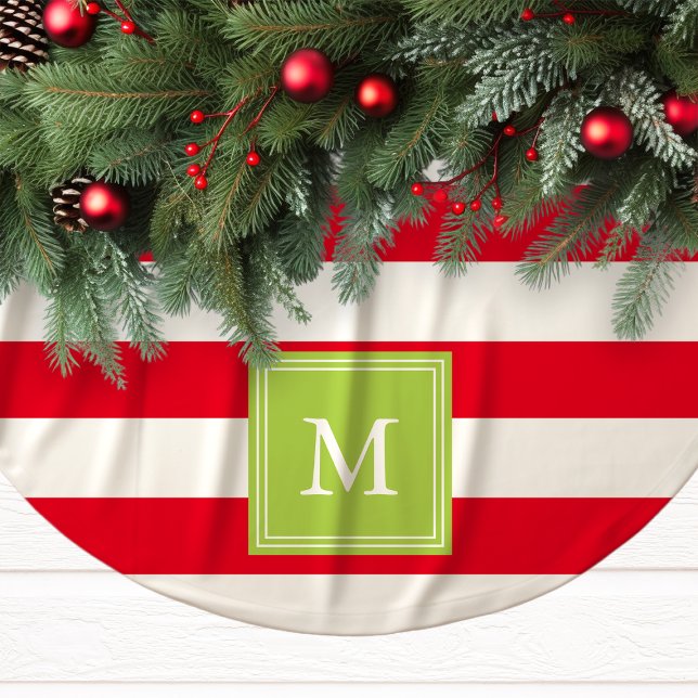 Rot & Grün monogrammgestreifter Baumschmuck | Baum Polyester Weihnachtsbaumdecke (Von Creator hochgeladen)