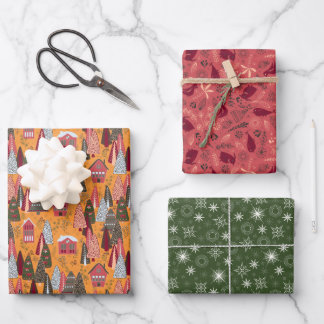 Rot Grün Orange Weihnachtswald Dorf Geschenkpapier Set