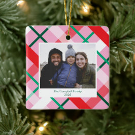 Rot Grün Pink Karierter Weihnachts-Foto-Schmuck Keramikornament