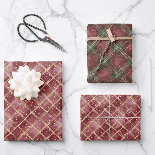Rot Grün Streifen Kariert Weihnachten Geschenkpapier Set (Vorderseite)