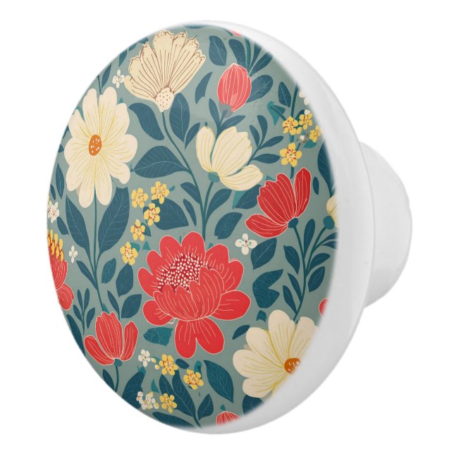 Rot, Grün und Creme Chinoiserie Keramikknauf (Rechts)