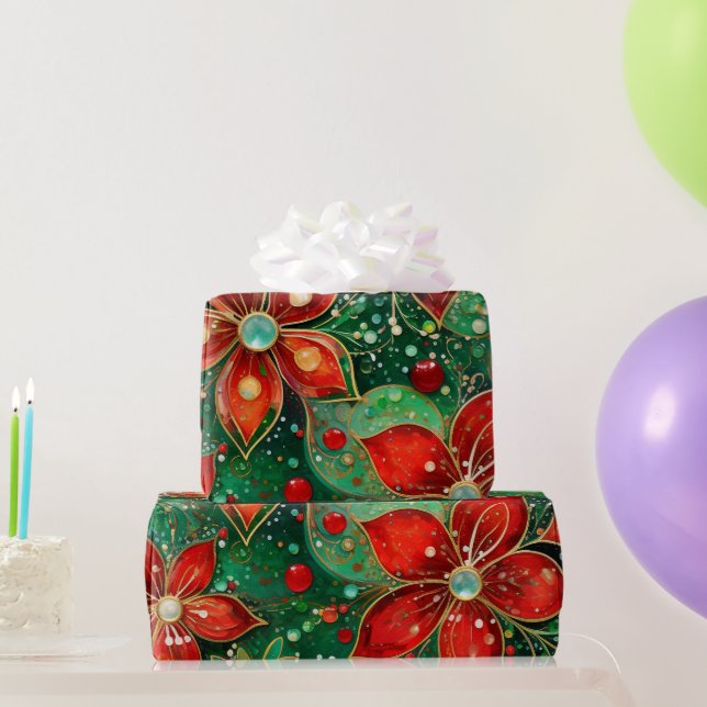 Rot grün und Gold Glitterie Weihnachtsmuster Geschenkpapier (Partygeschenke)
