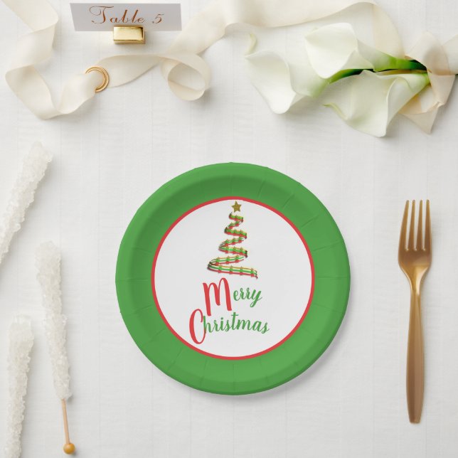 Rot, Grün und Gold Kunst Frohe Weihnachtsbaum Pappteller (Hochzeit)