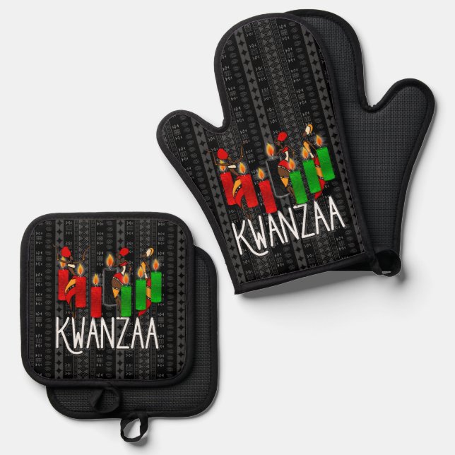 Rot Grün und Schwarz Tribal Themed Kwanzaa Ofenhandschuh & Topflappen-Set (Vorderseite/Rückseite)