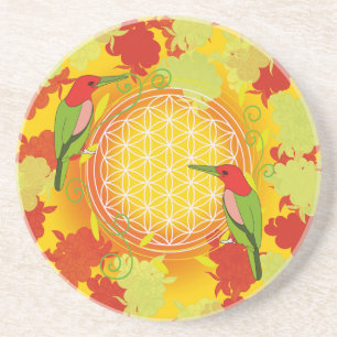 Rot Grün Vögel Flower of Life Heilige Geometrie Getränkeuntersetzer