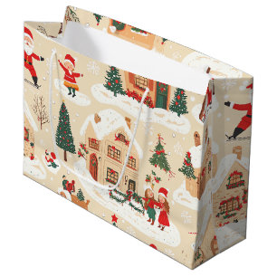 Rot Grün Weihnachtsdorf Schnee Beige Muster Große Geschenktüte