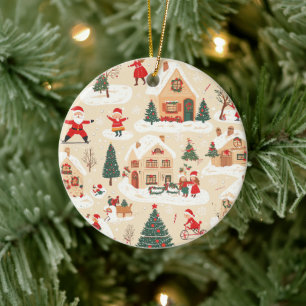 Rot Grün Weihnachtsdorf Schneebedeckt Beige Muster Keramik Ornament