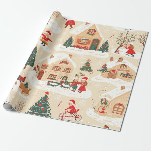 Rot Grün Weihnachtsdorf Schneebedecktes Beige Must Geschenkpapier