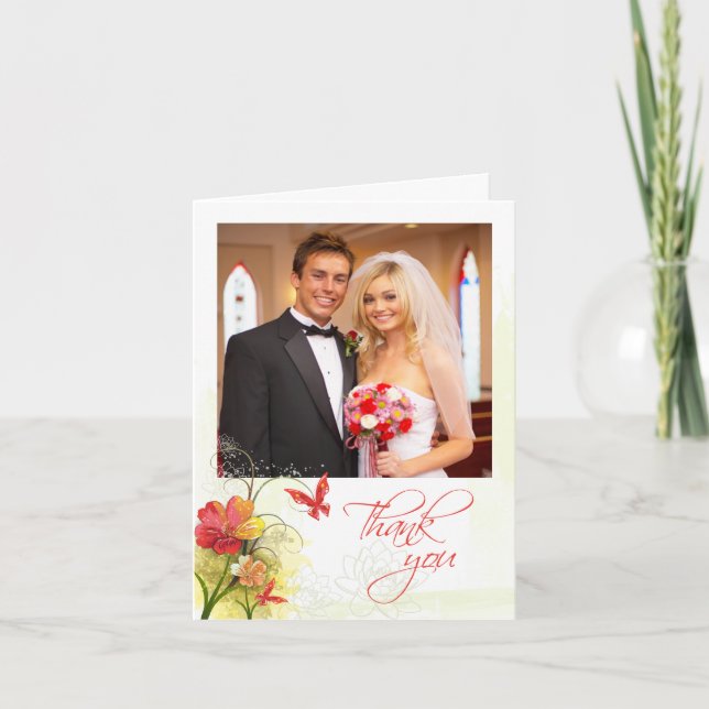 Rot grüne Blume + Schmetterling Hochzeit danke (Vorderseite)