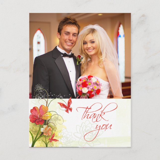 Rot grüne Blume + Schmetterling Hochzeit danke Postkarte (Vorderseite)