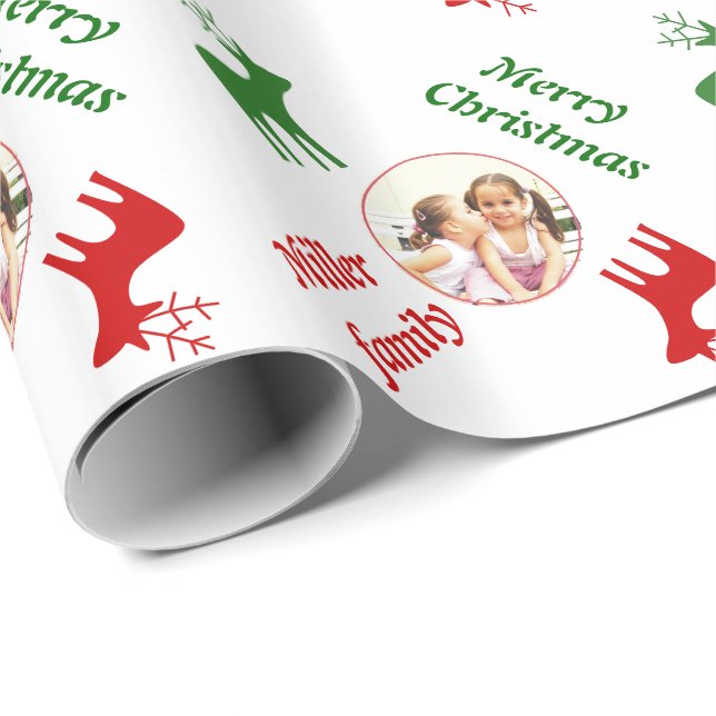 Rot, Grüne Hirsche und Name Weihnachtsfeiertag Fot Geschenkpapier (Rolleneckpunkt)